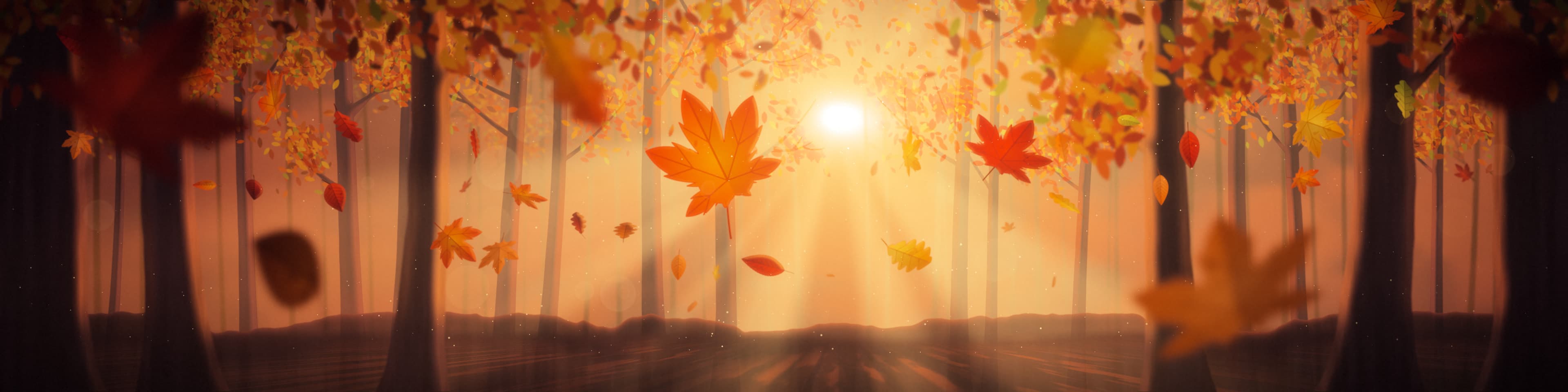 Des feuilles d'automne qui tombent sur un fond sombre.