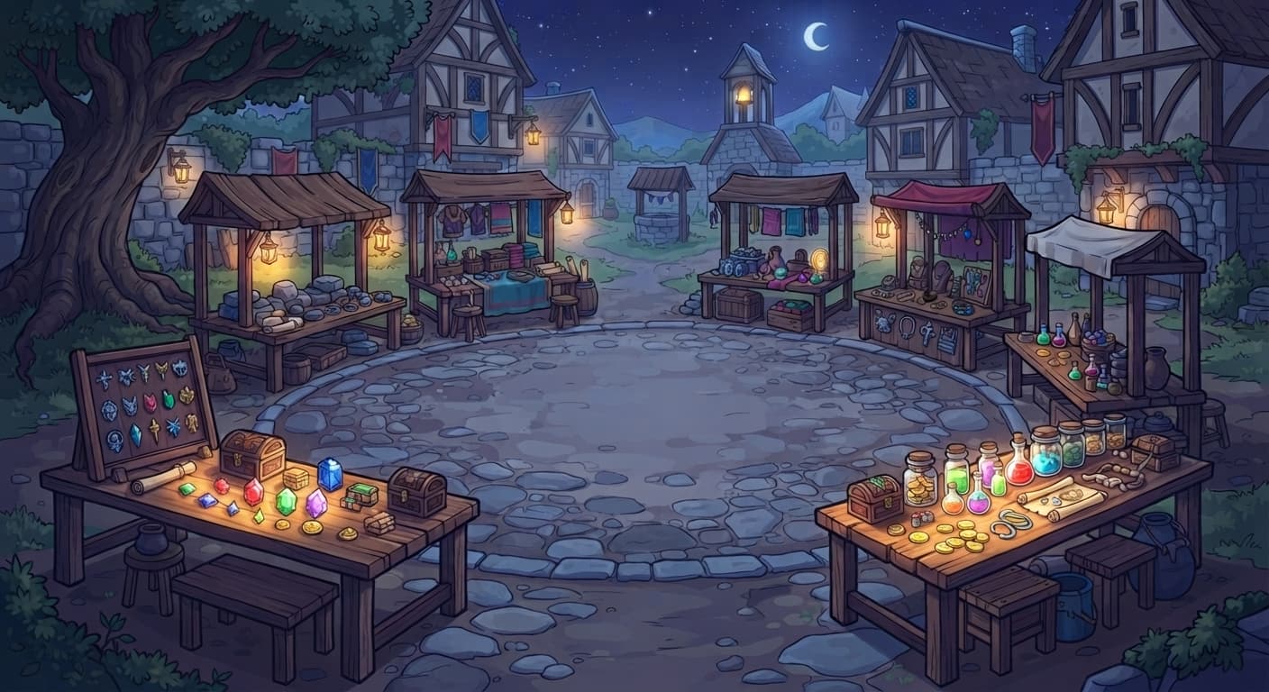 Le Marché Nocturne : des étals éclairés à la lanterne sur une place pavée.