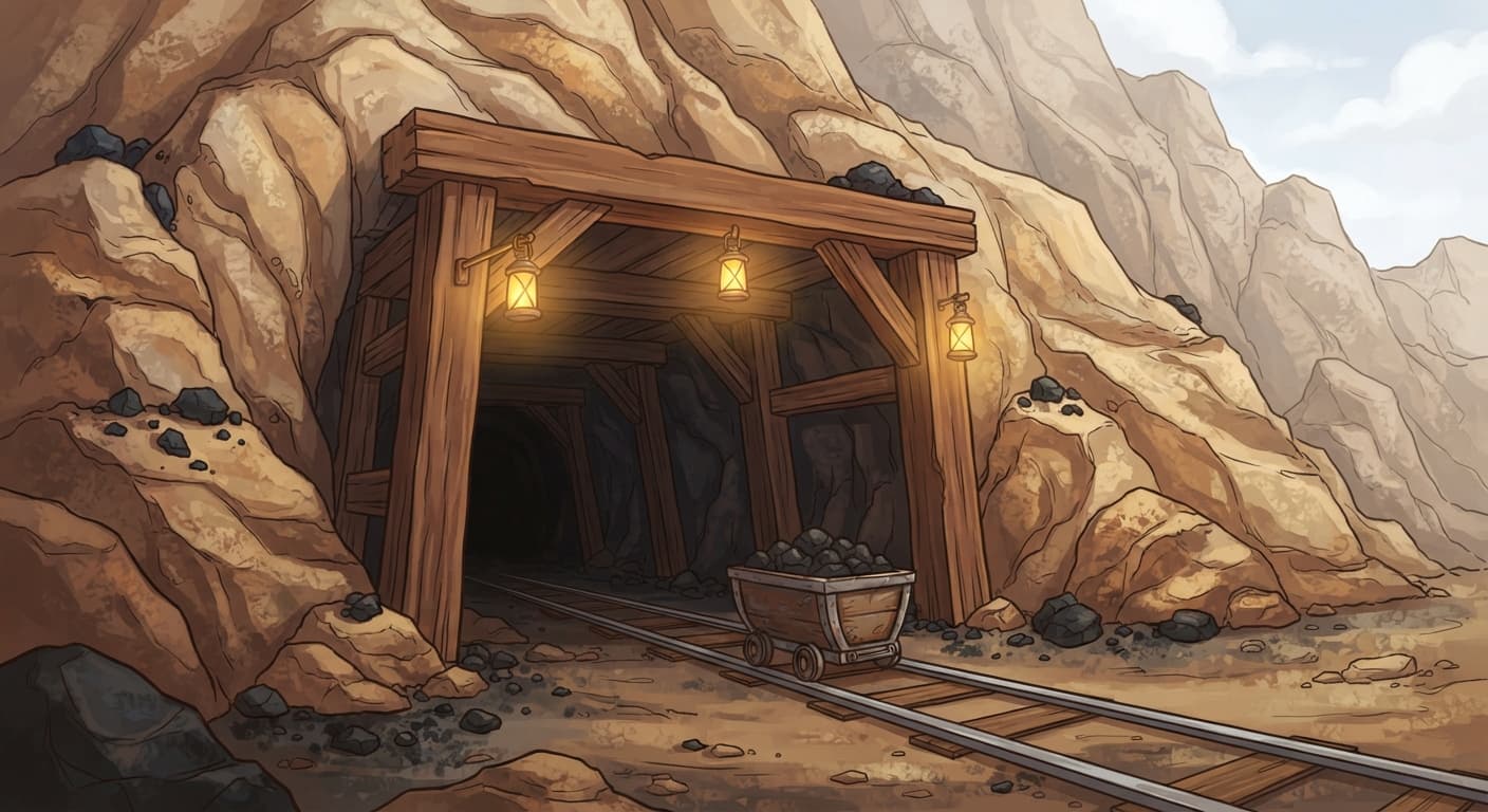 L'entrée de la mine, avec ses lanternes et son wagonnet.
