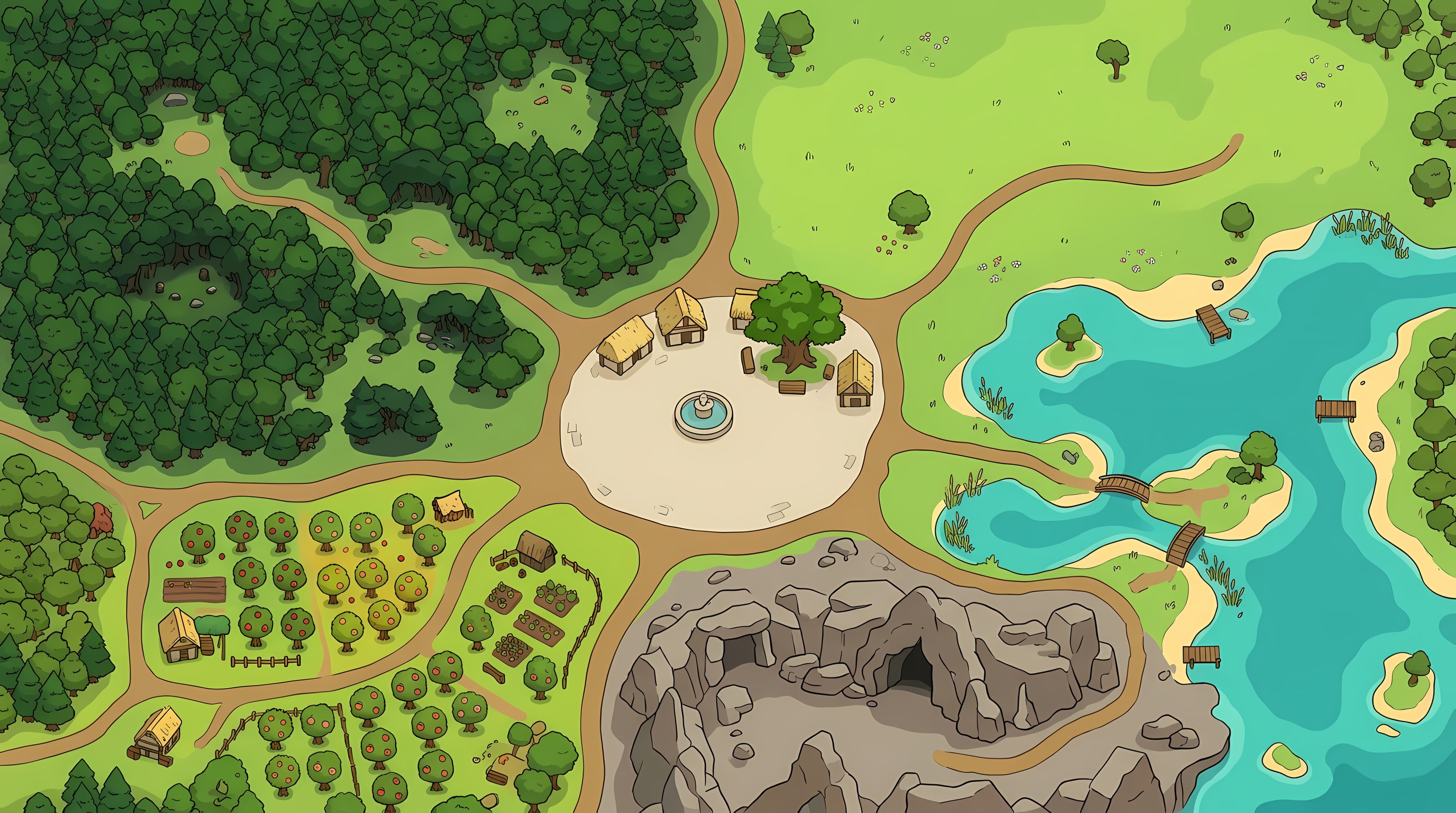 La carte du Jardin : une forêt, un village, un verger, une grotte et un lac.